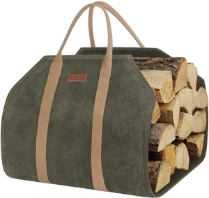 Sturdy Waxed Canvas Firewood Log Carrier, Durable Firepalce Wood Bag with Rei... - Picture 1 of 9