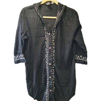 Peppermint Bay Oversized Med Gauzy Hooded Button-down Black Top Cruise Resort  - Image 1 of 4