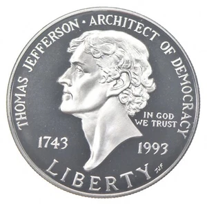 Proof 1993 Thomas Jefferson Democracy Silver US Commemorative 90% Silver Dollar - Picture 1 of 3