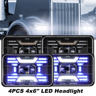 4x 4x6" LED Headlight Hi-Low Beam Blue For Kenworth W900 T800 T600 Peterbilt 378 - Image 1 of 4