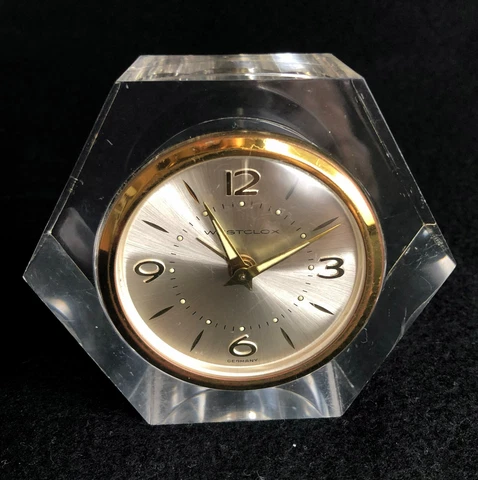 Vintage Lucite Westclox Alarm Clock Wind Up Hexagon Go in Dark Hand German Works Cover