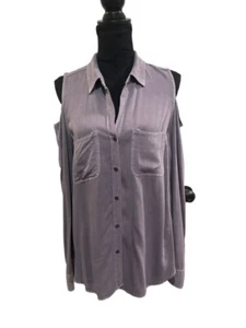 Rock & Republic Women Blouse Size Medium Gray Long Sleeve Cold Shoulder Buttonup - Picture 1 of 6