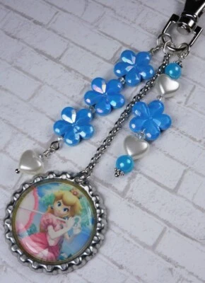 Princess Peach Flower Heart Beaded Handmade Purse Charm Bag Clip Blue New - Image 1 of 4