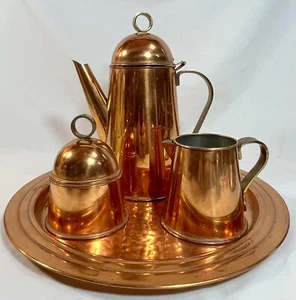 VTG MCM Copper Tea Set Creamer Sugar & Tray 4 Piece Art Deco 1970s Mexico - Picture 1 of 14