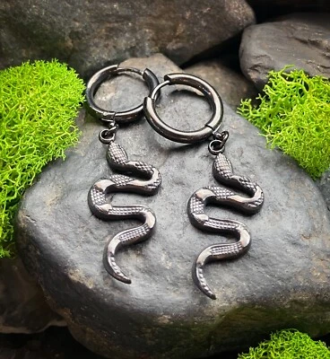 PAIR Dangling Snake Hoop Earrings 316L Stainless Steel Hinge Action 20g - Image 1 of 4