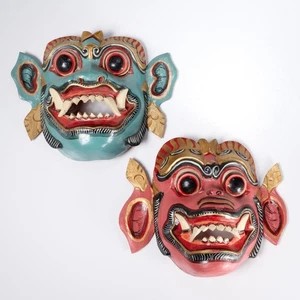 Balinesisch Indonesisch Barong Singh Rot Blau Holz Holz Volkskunst Masken Paar 2p Lot - Bild 1 von 5