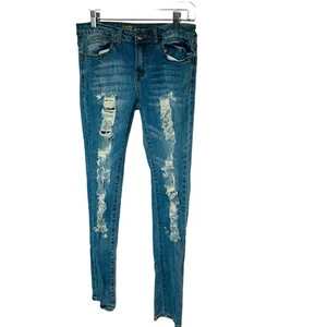 Jeans VIP para mujer talla 7/8 azul desgastado tiro bajo ajustado denim lavado medio - Imagen 1 de 6
