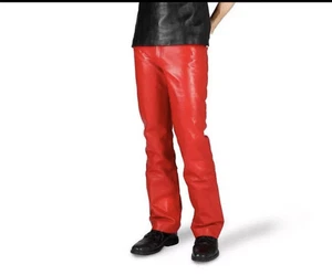 Mens Biker Jeans Real RED Or Cow Leather Sleek And Sexy 501 Style Pants New - Picture 1 of 5
