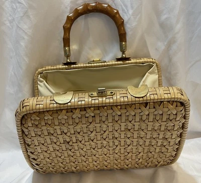 Bolsa de vime vintage com cabo de bambu - 1950-1960 - Imagem 1 de 4