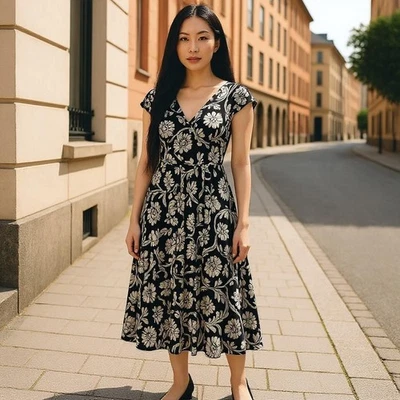 Lauren Ralph Lauren Dress Women's Blue & White Floral A-Line Flare Resort Size 4 - Image 1 of 4