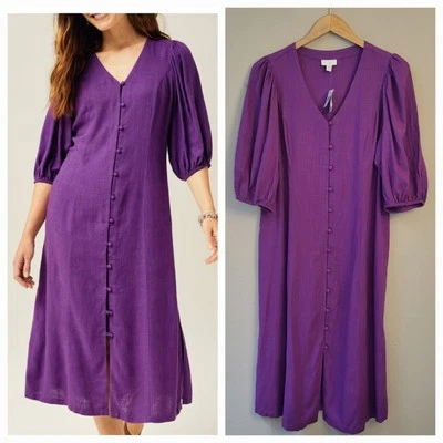 NWT J. Jill Linen Blend Midi Dress Medium Petite Button Up Purple Puff Sleeve - Image 1 of 4