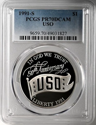 1991-S  $1 USO PROOF SILVER DOLLAR COMMEMORATIVE PCGS PR70 DCAM #49031827 - Image 1 of 4
