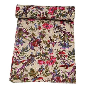 Indian Handmade Stitched Pure Cotton Bohemian Bird Print Kantha Quilt (Beige, - Picture 1 of 6