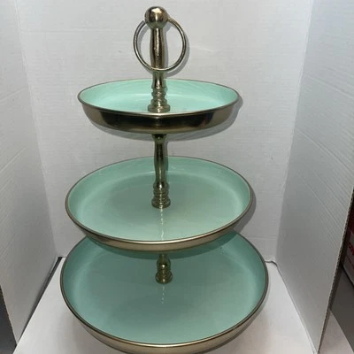3 Tier Cupcake Dessert Snack Stand Mint Green With Gold Metal 21" Tall - Image 1 of 4