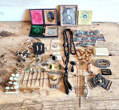 Antique Victorian Jewelry Lot Pins Cufflinks Buckles Buttons Tintypes Beads 925 - Image 1 of 4