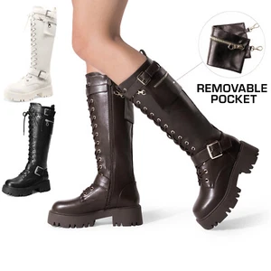 Women Riding Knee High Boots  Lace Up with Inside Zipper Motorcycle Boots 6-11 - Picture 1 of 12