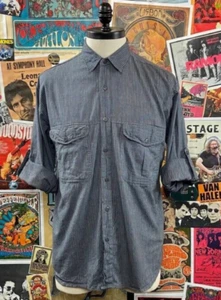 Vintage Herren 90er blau grau Nadelstreifen zwei Taschen Baumwolle Arbeitskleidung Stil Shirt LG - Bild 1 von 9