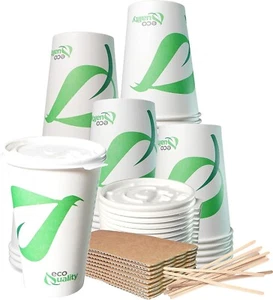 16oz Compostable Paper Cups with White Flat Lids, Sleeves, and Stirrers 500pcs - Picture 1 of 8