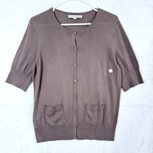 Ann Taylor Loft Short Sleeve Knit Cardigan Sweater Womens L Brown Pockets NEW - Picture 1 of 8