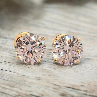 IGI F VS1 2 Ct Round Lab Created Grown Diamond Earrings Real 14K Yellow Screw - Image 1 of 4