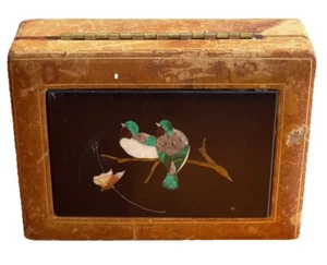 Pietra Dura Jewelry Box Stone Mosaic Bird Butterfly Malachite Leather Wood Italy - Picture 1 of 12