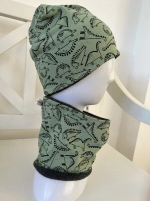 ANGIWITHLOVE Beanie Set Mütze Loop Kinder Dino Dinosaurier grün TRex handmade NEU Jungen
