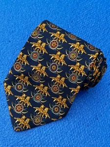 Authentic SALVATORE FERRAGAMO Twin Tiger Warrior Design On Blue Silk Necktie Tie - Picture 1 of 12