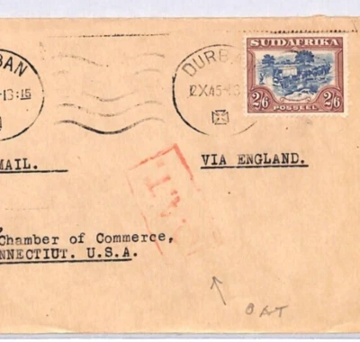 SUDÁFRICA Cubierta Durban *O.A.T* EE. UU. CT Hartford 1945{samwells-covers}YO284 Foto 1 de 4