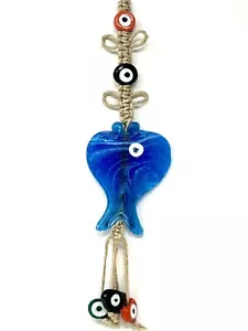 Vidrio soplado de 6"" PESCADO -AZUL mal de ojo hecho a mano decoración de pared interior exterior - Imagen 1 de 11