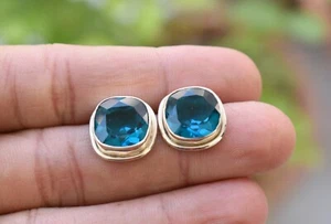 Pendientes de topacio azul Londres 925 plata de ley maciza relleno de oro amarillo - Imagen 1 de 3