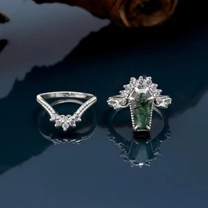 Natural Moss Agate Coffin Shape Dainty Ring 925 Sterling Silver Handmade Jewelry - Picture 1 of 10