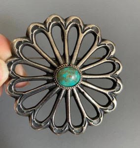 NAVAJO MC Martha Cayatineto HUGE Sandcast Sterling Turquoise FLOWER Pendant Pin - Picture 1 of 6