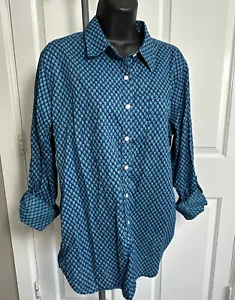 Lands End linen cotton Shirt blue floral Roll Tab Large 14 16  Button Up women - Picture 1 of 12