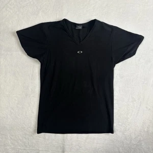 Y2K Oakley Softwear Black Short Sleeve Center Logo V-Neck Shirt Women's Medium - Picture 1 of 6