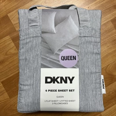 DKNY 4 Piece Sheet Set QUEEN White/Gray Striped Wrinkle Resistant 100% Polyester - Image 1 of 4