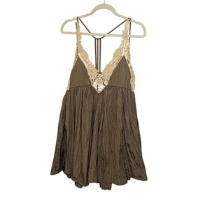 Free People Breathless Mini Slip Crinkle Dress Lace Brown Womens Size XS - Picture 1 of 7