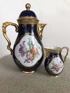Vtg Lindner Kueps Bavaria Etch Cobalt Tea Coffee Pot And Creamer Gold Floral - Picture 1 of 20