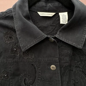 Laura Ashley Black Jean Denim Beaded Embroidered Sequin Jacket 100% Cotton Sz L - Picture 1 of 12