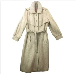 VINTAGE Wool Trench Coat Women Large Beige Belt Tweed Snap Button Long USA Made - Picture 1 of 24