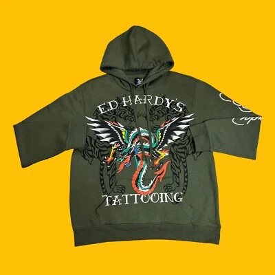 Suéter Ed Hardy Para Hombres Talla Grande Dragón Tigre Tatuaje Verde Pullover Y2k Sudadera con Capucha Foto 1 de 4