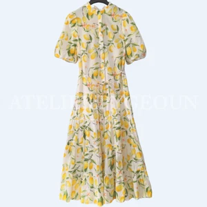 NWT H&M Cotton Maxi Dress w/ Balloon Sleeves White/lemons 1275645003 XS S M L XL - Picture 1 of 6