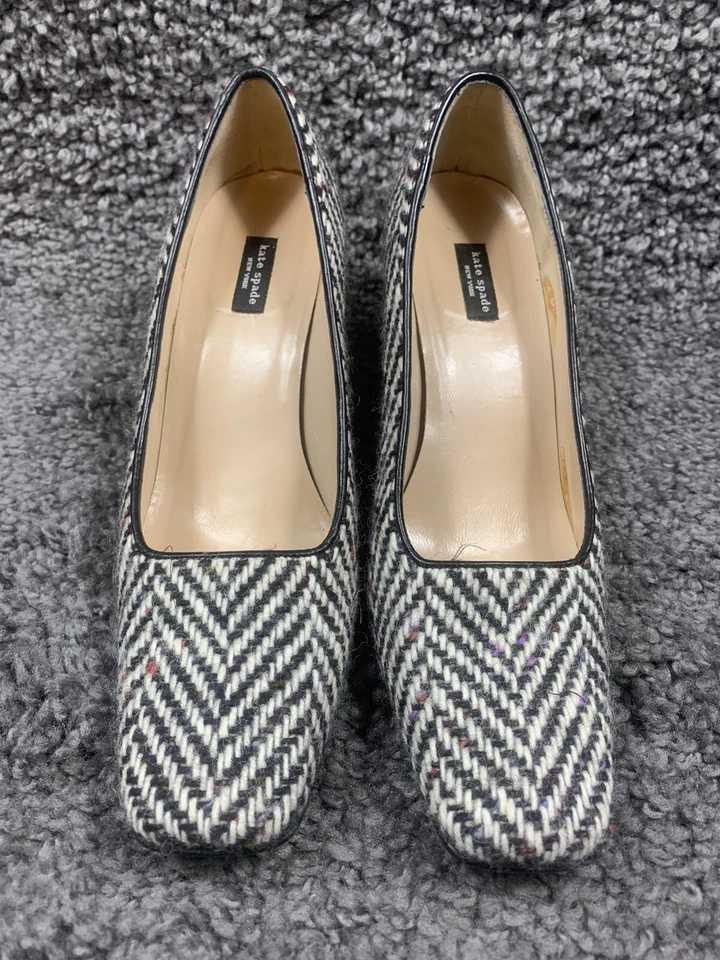 Kate Spade Black White Wool Herringbone Square Toe Pumps Made In Italy  8 B - Image 1 of 4