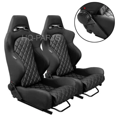 2 TANAKA ALL BLACK PVC LEATHER RACING SEATS RECLINABLE DIAMOND STITCH FOR TOYOTA - Image 1 of 4