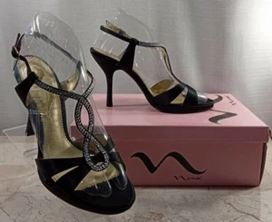 Nina Graysen Black Luster Strappy Women Sz 8.5 Sandal Shoe Platform 4" Stiletto - Picture 1 of 10