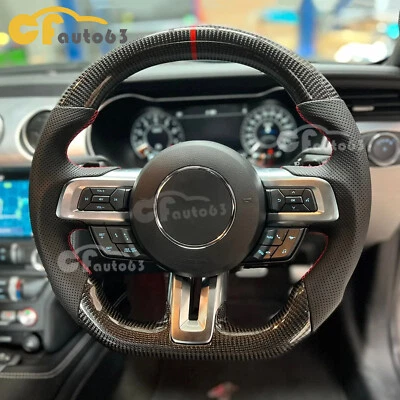 Руль подходит для Ford Mustang 18–23 годов выпуска из настоящего углеродного волокна и перфорированной кожи - Изображение 1 из 4