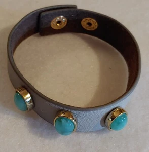 Bracelet - Faux Leather Band -Goldtone Faux Turquoise ADJ. 6.75 & 7 1/2 in Long - Picture 1 of 9