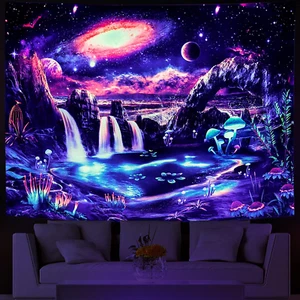 Blacklight Galaxy Tapestry Trippy Planet Tapestry UV Reactive Waterfall Landscap - Picture 1 of 11