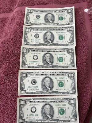 Crisp New $ 100.00 Bills Sequential Star Note Serial Numbers (5)  - Image 1 of 4