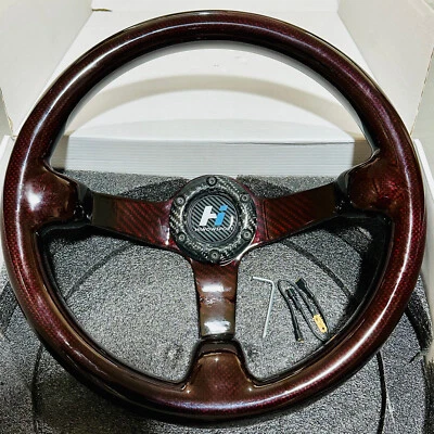 Volante Hiwowsport 350 mm rojo fibra de carbono real carreras plato profundo con bocina  Foto 1 de 4