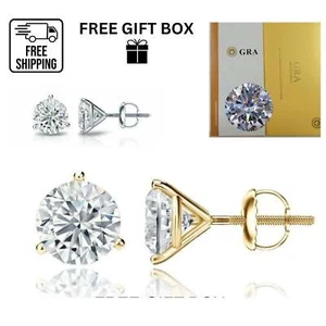 14K Gold GRA Certified D-VVS1 Round Moissanite Martini Screw Back Stud Earrings - Picture 1 of 8